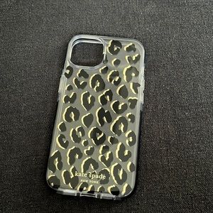 Kate Spade New York iPhone 13 case. Clear with black and silver leopard print.